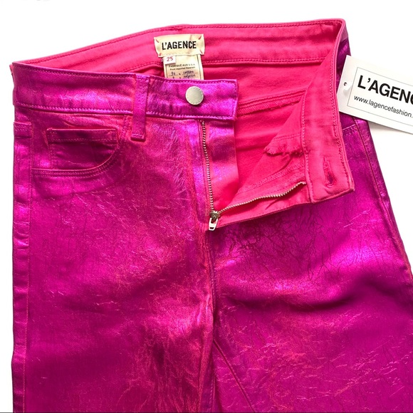 L'AGENCE Coated Foil Metallic Stretch High Rise Skinny Jeans Hot Pink 25 - Picture 2 of 15